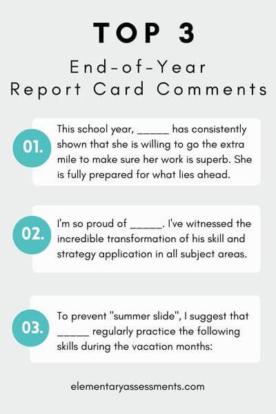kindergarten report card comments end of year